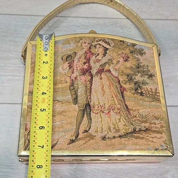 Vintag1960s TYROLEAN Bag Tapestry Cloth Embroidered Puffed Puffy Victorian Purse - Picture 3 of 13